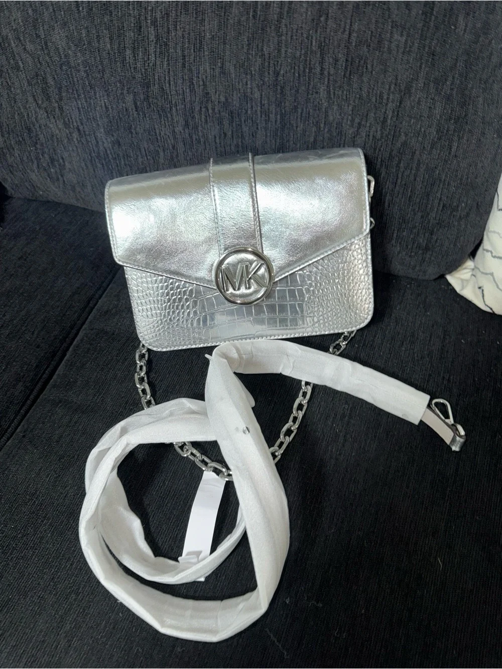 Michael Kors Metallic Silver MK Chain Crossbody Bag